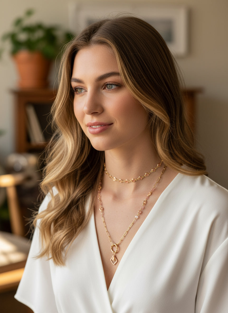 Pink Champaign - Beaded Chain Necklace