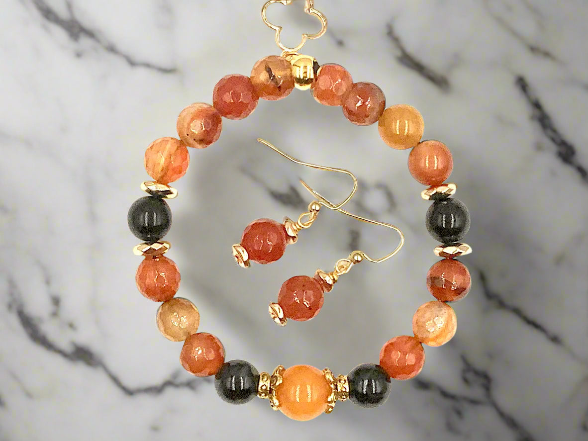 Amber, Red and Black Agate and Carnelian 3 Strand Necklace with 2 Strand Bracelet and discount Earrings