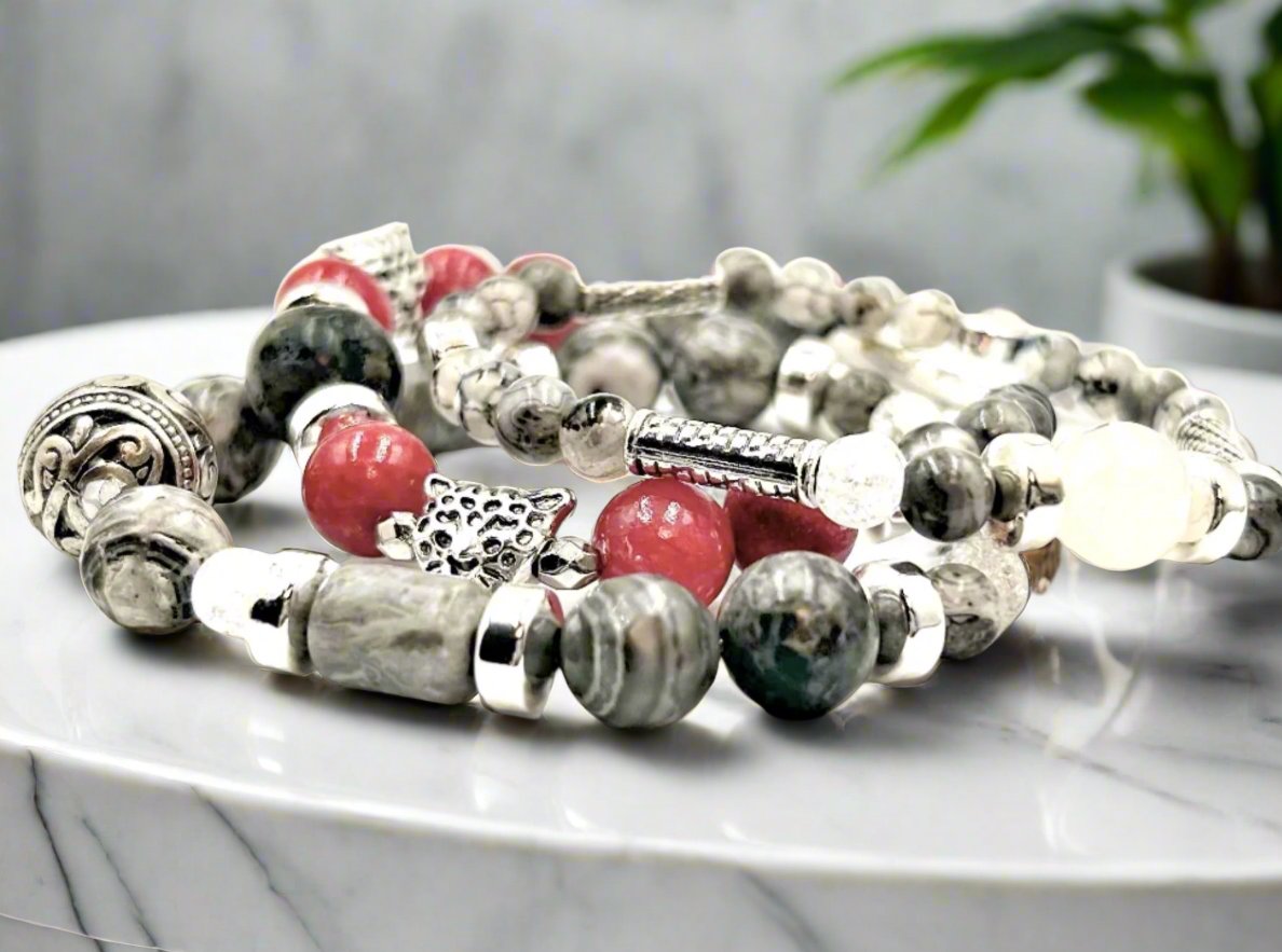 Coral Milky Jade - 3 Piece Bracelet Set