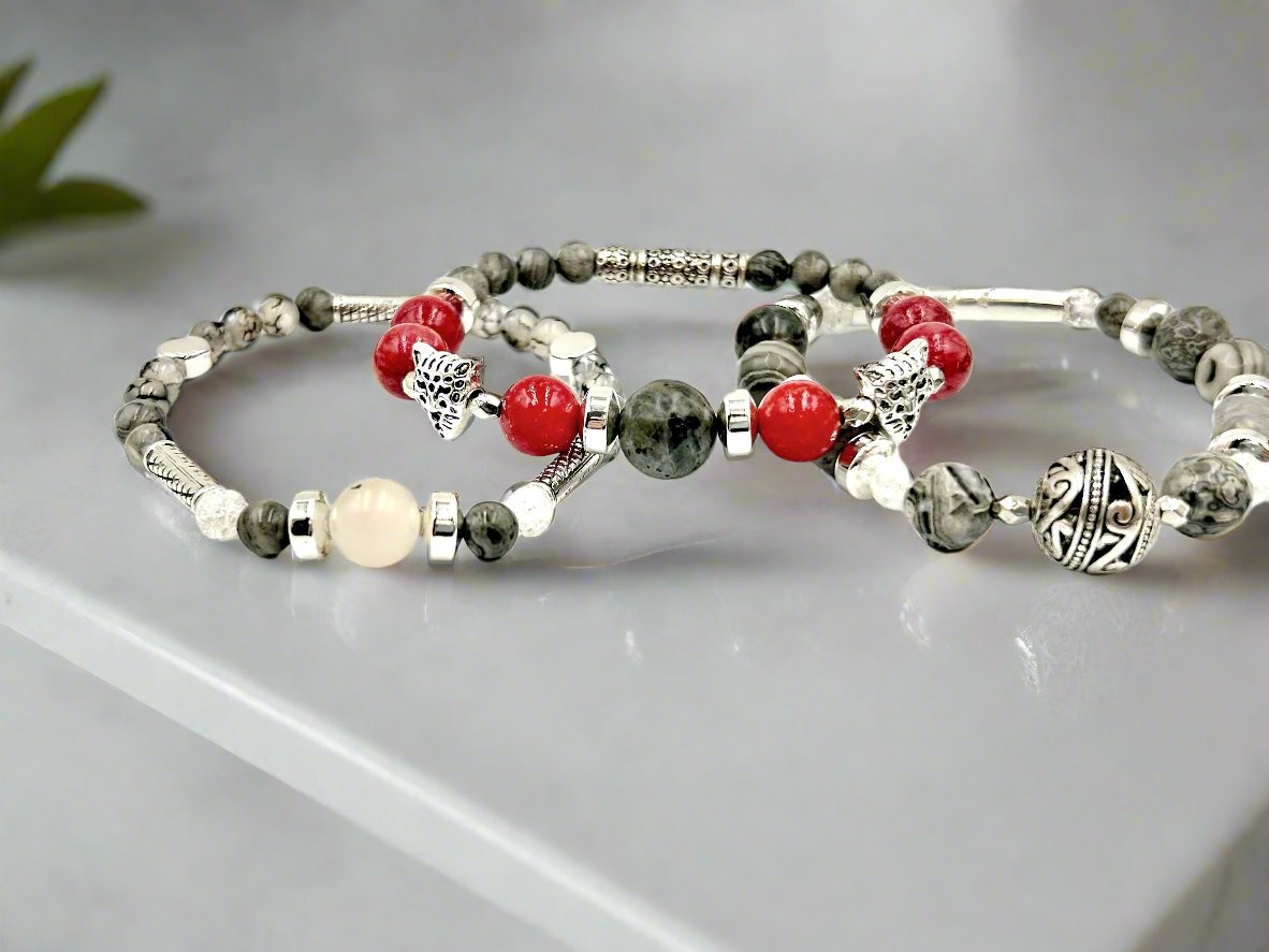 Coral Milky Jade - 3 Piece Bracelet Set