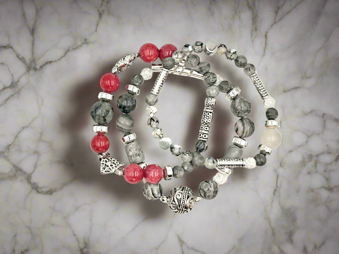 Coral Milky Jade - 3 Piece Bracelet Set