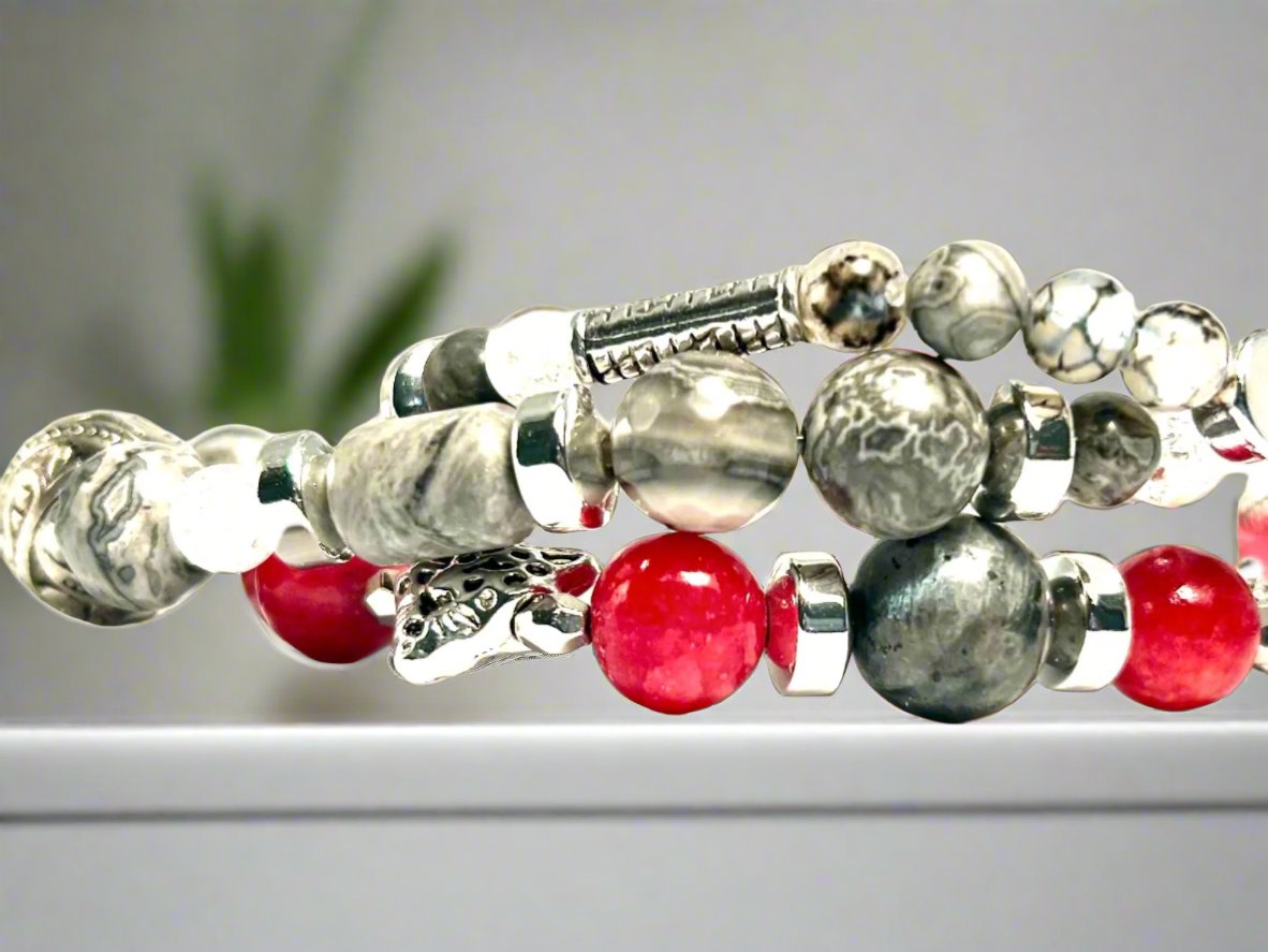 Coral Milky Jade - 3 Piece Bracelet Set