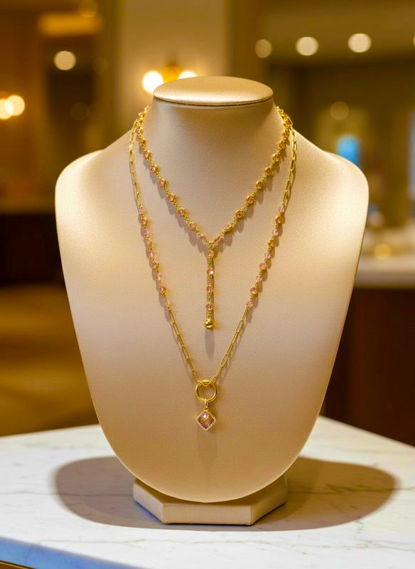 Pink Champaign - Beaded Chain Necklace